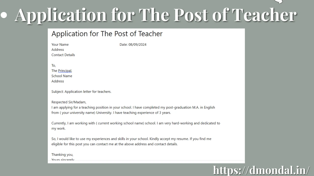 Application for The Post of Teacher